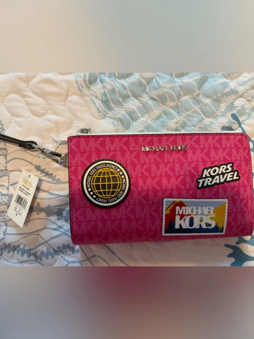 Michael Kors Hot Pink TRAVEL Logo Zip Wristlet Wallet